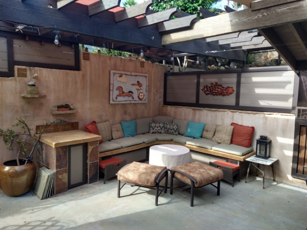 Outdoor Living Room-- this area has overhead misters and a ceiling fan, to cool off on hot days